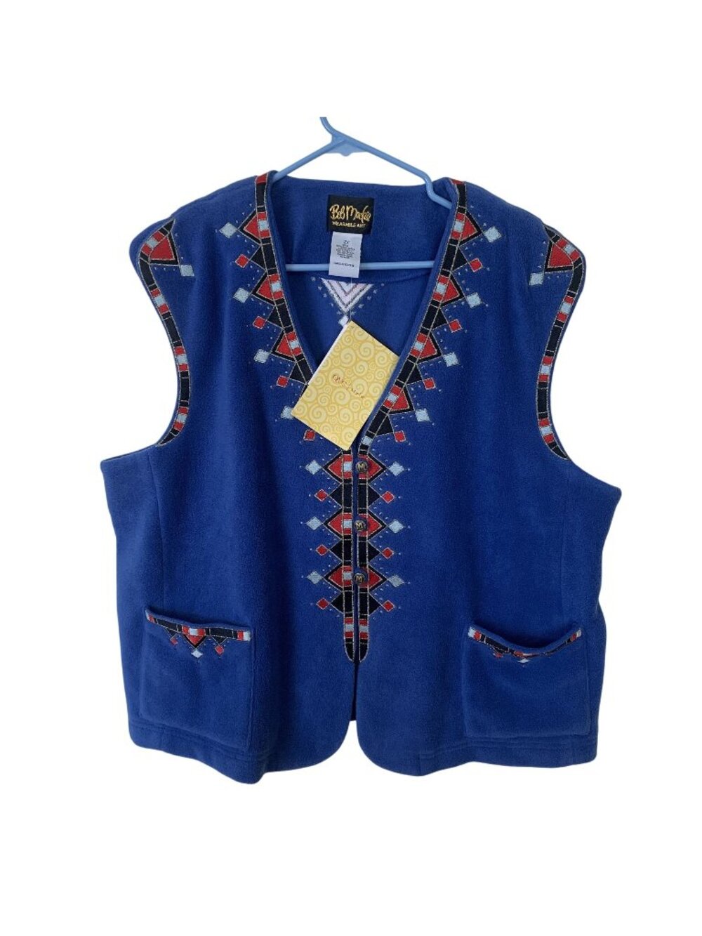 Bob Mackie Wearable Art Vest 2X Blue Southwestern Embroidered Pocket Fleece QVC